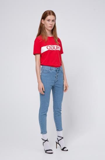 Koszulki HUGO Reverse Logo Slim Fit Czerwone Damskie (Pl68340)